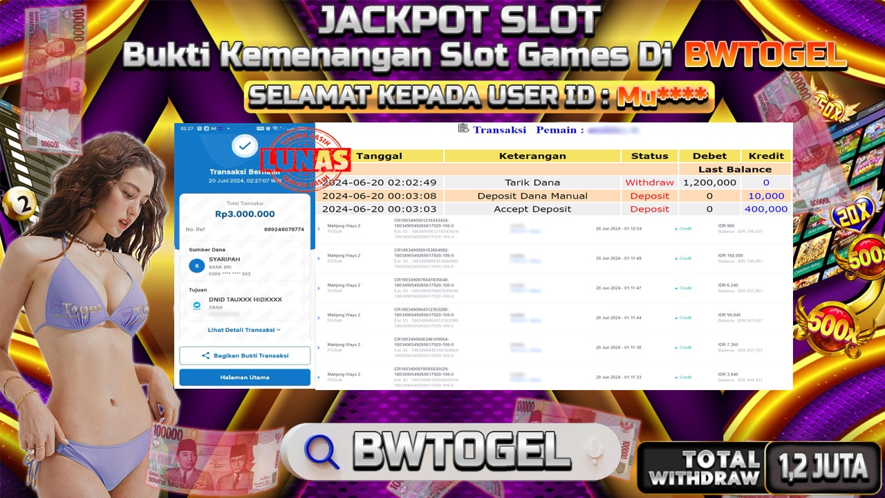 BUKTI JACKPOT SLOT MAHJONG WAYS 2 TERPERCAYA DI INDONESIA TGL 20-06-2024