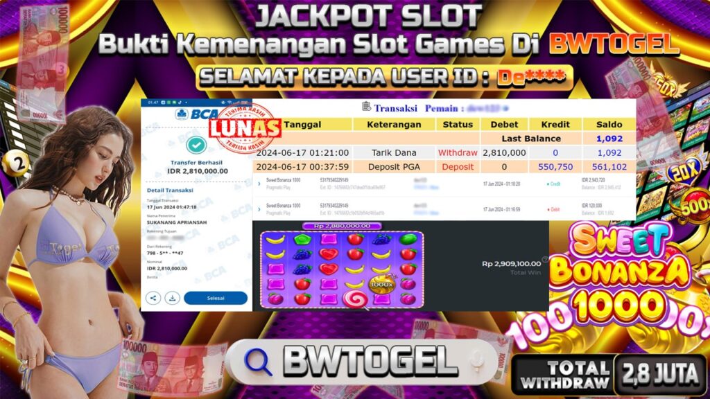 BUKTI JACKPOT SLOT SWEET BONANZA 1000 TERPERCAYA DI INDONESIA TGL 17-06-2024